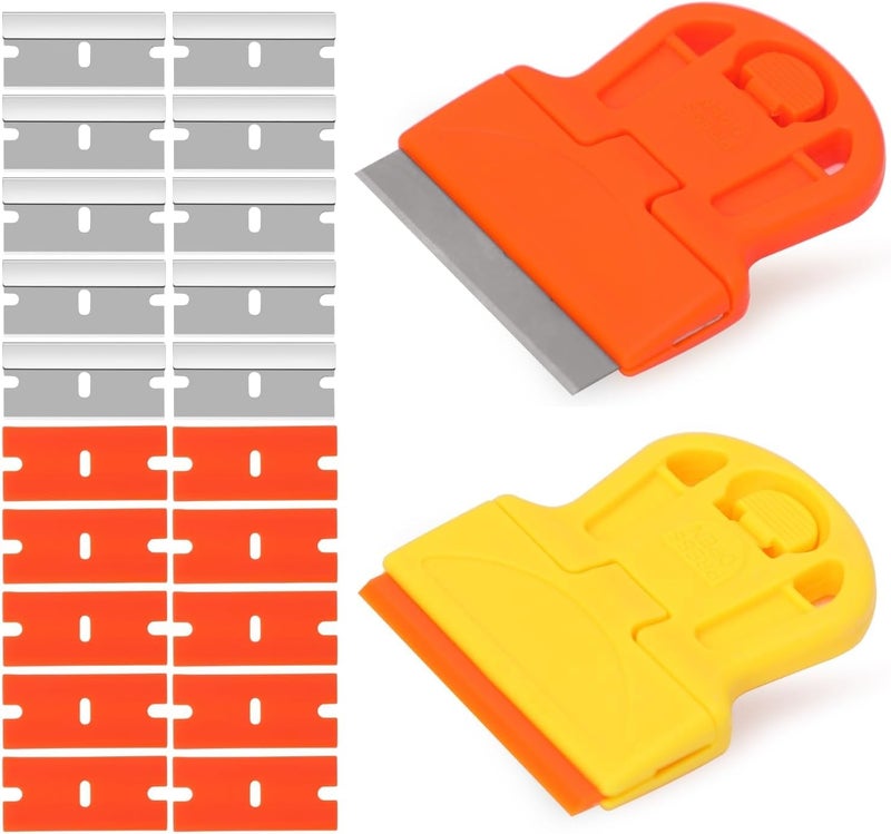 DEPOTA 2 Pack Razor Blade Scraper Plastic Razor Blade Scraper Scraper Tool with Extra 10 Plastic Razor Blades and 10 Metal Blades for Adhesive Remover Removing Labels Stickers Taping on Glass Windows - Image 1